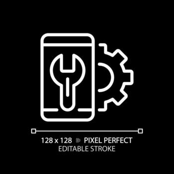 teléfono inteligente ajustes píxel Perfecto blanco lineal icono para oscuro tema. móvil teléfono configuración. personalizar dispositivo. Delgado línea ilustración. aislado símbolo para noche modo. editable carrera vector