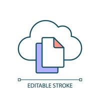 Copy files to cloud storage RGB color icon. Upload data. Service provider. Database recovery. Files backup. Isolated vector illustration. Simple filled line drawing. Editable stroke