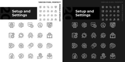 Setup and settings pixel perfect linear icons set for dark, light mode. Computer configuration. Save changes. Thin line symbols for night, day theme. Isolated illustrations. Editable stroke vector