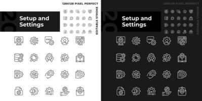 preparar y ajustes píxel Perfecto lineal íconos conjunto para oscuro, ligero modo. computadora configuración. salvar cambios. Delgado línea símbolos para noche, día tema. aislado ilustraciones. editable carrera vector