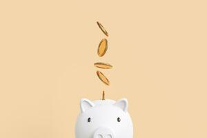 Gold coins falling and dropping to white piggy bank. Concept of savings for investment, financial management, savings for future retirement. photo