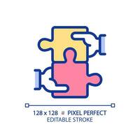 Collaboration for STEM pixel perfect RGB color icon. Students teamwork over project. Innovative education technology. Isolated vector illustration. Simple filled line drawing. Editable stroke