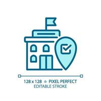 Pixel perfect editable blue icon of government building with location marker icon, isolated vector illustration