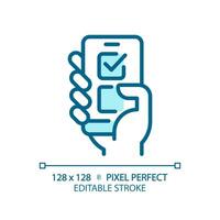 píxel Perfecto azul icono de mano votación mediante teléfono inteligente, aislado editable vector representando en línea votación