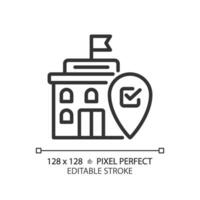 2D pixel perfect editable thin line icon of government building with location marker, isolated vector illustration.