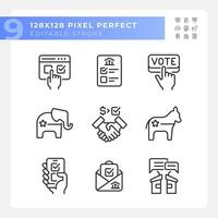 2D customizable pixel perfect thin line icons set representing voting, vector illustration of politics and election.