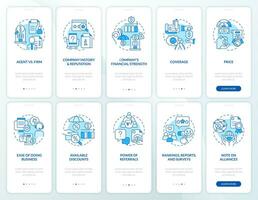 Insurance company advantages blue onboarding mobile app screen set. Walkthrough 5 steps editable graphic instructions with linear concepts. UI, UX, GUI template vector