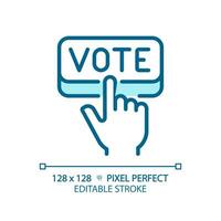 píxel Perfecto azul icono de mano prensado votar, vector ilustración representando votación, editable elección signo.