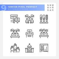 Various 2D pixel perfect set thin line icons representing voting and election, isolated vector illustration, editable politics signs.