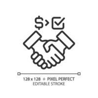 2D pixel perfect thin line icon of people handshaking with dollar and checkmark sign, isolated vector illustration of partnership.