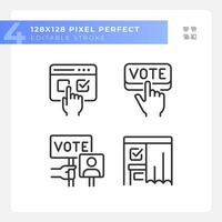 Pixel perfect set of thin line icons representing voting, isolated vector illustration, editable election symbols.