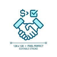 2D pixel perfect blue icon of people handshaking with dollar and checkmark sign, isolated vector illustration of agreement.