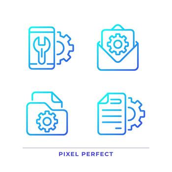 Configuration pixel perfect gradient linear vector icons set. Smartphone repair service. File management. Thin line contour symbol designs bundle. Isolated outline illustrations collection