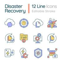 Disaster recovery RGB color icons set. Reestablishing infrastructure after breakage. Technical team and strategy. Isolated vector illustrations. Simple filled line drawings collection. Editable stroke