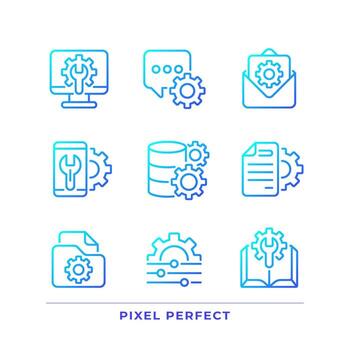 Technical configuration pixel perfect gradient linear vector icons set. Computer and smartphone settings. Thin line contour symbol designs bundle. Isolated outline illustrations collection