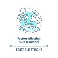 Factors affecting auto insurance turquoise concept icon. Car coverage metrics abstract idea thin line illustration. Isolated outline drawing. Editable stroke vector