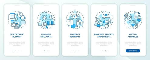 Coverage company choice blue onboarding mobile app screen. Walkthrough 5 steps editable graphic instructions with linear concepts. UI, UX, GUI template vector