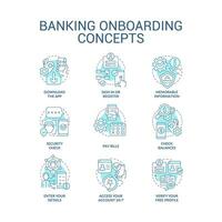 Banking onboarding journey turquoise concept icons set. Web wallet. Account opening idea thin line color illustrations. Isolated symbols. Editable stroke vector