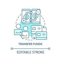 Transfer funds turquoise concept icon. Online payments. Net banking benefit abstract idea thin line illustration. Isolated outline drawing. Editable stroke vector