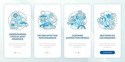 Choosing auto insurance service blue onboarding mobile app screen. Walkthrough 4 steps editable graphic instructions with linear concepts. UI, UX, GUI template vector