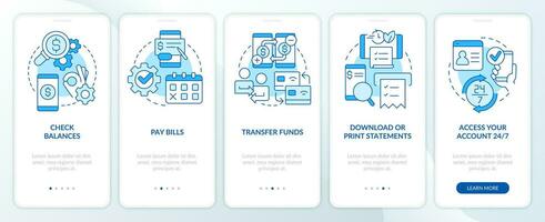 Net banking benefits blue onboarding mobile app screen. Web wallet walkthrough 5 steps editable graphic instructions with linear concepts. UI, UX, GUI template vector