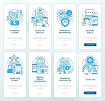 Online banking blue onboarding mobile app screen set. Registration walkthrough 4 steps editable graphic instructions with linear concepts. UI, UX, GUI template vector