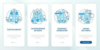 Insurance provider types blue onboarding mobile app screen. Coverage walkthrough 4 steps editable graphic instructions with linear concepts. UI, UX, GUI template vector