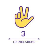 Signing digit three in ASL pixel perfect RGB color icon. Nonverbal communication system. Gesturing. Isolated vector illustration. Simple filled line drawing. Editable stroke