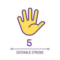 Digit five in American sign language pixel perfect RGB color icon. Communication system. Gesture. Isolated vector illustration. Simple filled line drawing. Editable stroke