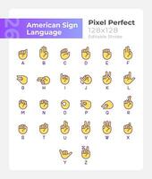 Letters in American sign language pixel perfect RGB color icons set. Isolated vector illustrations. Simple filled line drawings collection. Editable stroke