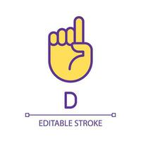 Signing letter D in ASL pixel perfect RGB color icon. Nonverbal system. People with deafness support. Isolated vector illustration. Simple filled line drawing. Editable stroke