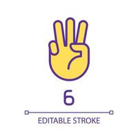 Digit six in American sign language pixel perfect RGB color icon. Visual modality for count. Isolated vector illustration. Simple filled line drawing. Editable stroke