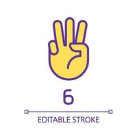 Digit six in American sign language pixel perfect RGB color icon. Visual modality for count. Isolated vector illustration. Simple filled line drawing. Editable stroke