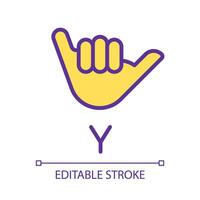 Letter Y sign in ASL pixel perfect RGB color icon. People with deafness language. Gesturing. Isolated vector illustration. Simple filled line drawing. Editable stroke