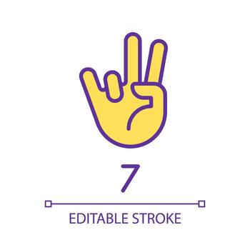 Digit seven sign in ASL pixel perfect RGB color icon. Number visual modality. Communication way. Isolated vector illustration. Simple filled line drawing. Editable stroke