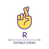 Letter R in American sign language pixel perfect RGB color icon. Connecting gestures. Communication. Isolated vector illustration. Simple filled line drawing. Editable stroke