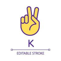 Letter K sign in ASL pixel perfect RGB color icon. Nonverbal communication. Patients with deafness care. Isolated vector illustration. Simple filled line drawing. Editable stroke