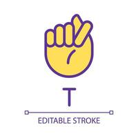 Letter T sign in ASL pixel perfect RGB color icon. Words building. Communication modality. Isolated vector illustration. Simple filled line drawing. Editable stroke