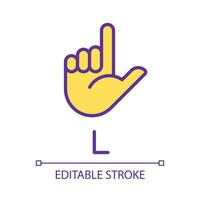 Letter L in American sign language pixel perfect RGB color icon. Communication system element. Isolated vector illustration. Simple filled line drawing. Editable stroke