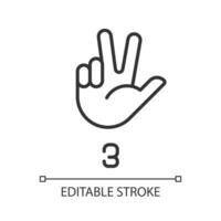 Signing digit three in ASL pixel perfect linear icon. Nonverbal communication system. Gesturing. Thin line illustration. Contour symbol. Vector outline drawing. Editable stroke