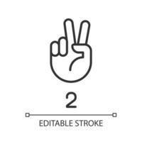 Signing digit two in ASL pixel perfect linear icon. Nonverbal communication. Gesture language. Thin line illustration. Contour symbol. Vector outline drawing. Editable stroke