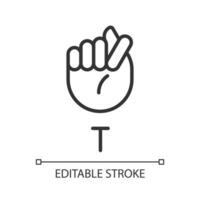 Letter T sign in ASL pixel perfect linear icon. Words building. Communication modality. Thin line illustration. Contour symbol. Vector outline drawing. Editable stroke