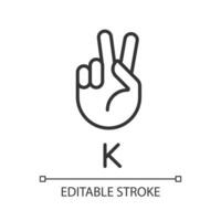 Letter K sign in ASL pixel perfect linear icon. Nonverbal communication. Patients with deafness care. Thin line illustration. Contour symbol. Vector outline drawing. Editable stroke