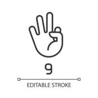 Signing digit nine in ASL pixel perfect linear icon. Non verbal language system. Communication. Thin line illustration. Contour symbol. Vector outline drawing. Editable stroke