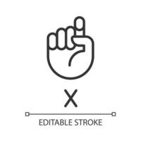 Letter X in ASL pixel perfect linear icon. American sign language. Visual modality. Thin line illustration. Contour symbol. Vector outline drawing. Editable stroke