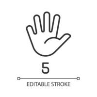 Digit five in American sign language pixel perfect linear icon. Communication system. Gesture. Thin line illustration. Contour symbol. Vector outline drawing. Editable stroke