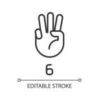 Digit six in American sign language pixel perfect linear icon. Visual modality for count. Thin line illustration. Contour symbol. Vector outline drawing. Editable stroke