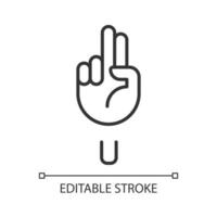 Letter U sign in ASL pixel perfect linear icon. Words visualization by gestures. Communication. Thin line illustration. Contour symbol. Vector outline drawing. Editable stroke