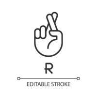 Letter R in American sign language pixel perfect linear icon. Connecting gestures. Communication. Thin line illustration. Contour symbol. Vector outline drawing. Editable stroke