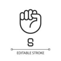 Letter S in American sign language pixel perfect linear icon. Fist gesture. Communication modality. Thin line illustration. Contour symbol. Vector outline drawing. Editable stroke